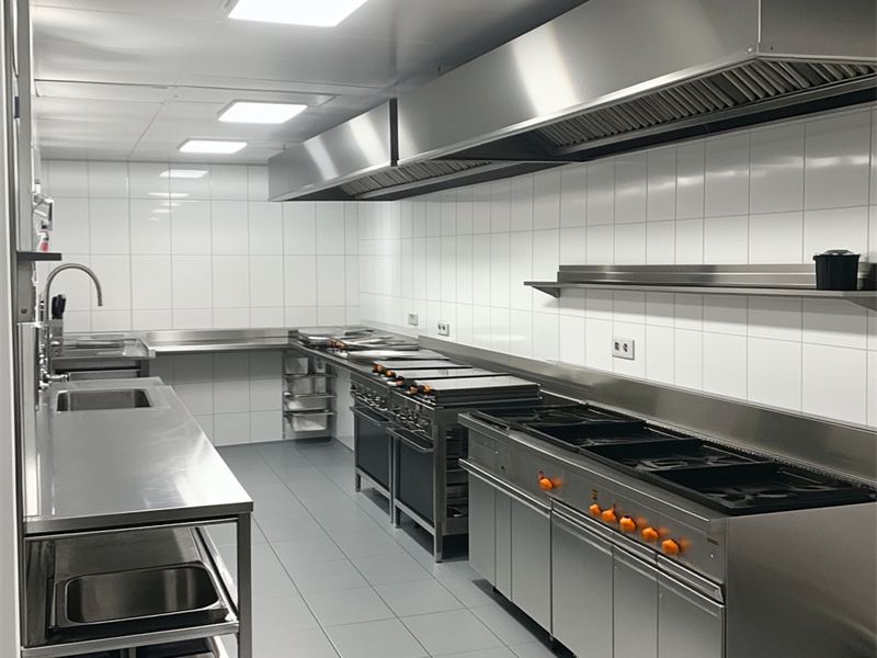 Cozinha profissional com piso técnico cinza claro