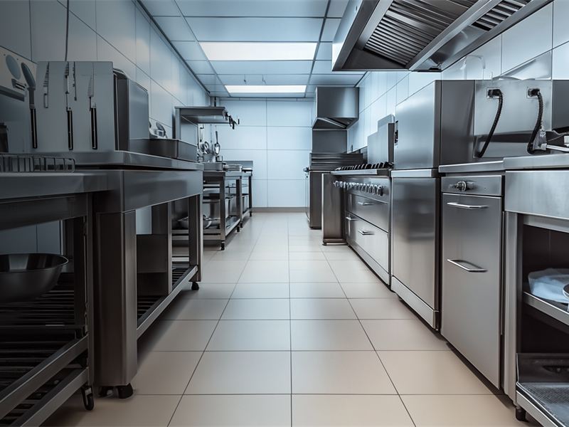 Corredor de cozinha industrial com piso claro antiderrapante