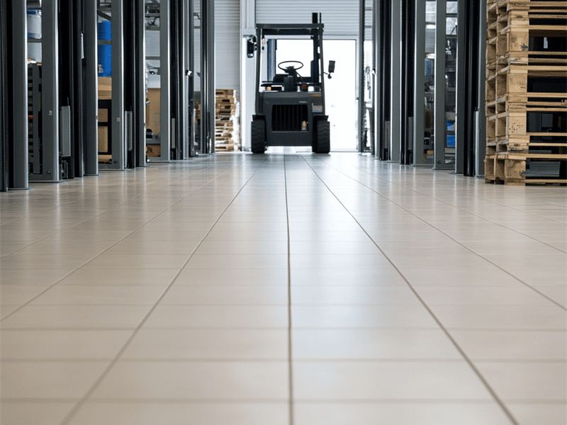 Corredor industrial com empilhadeira sobre piso técnico claro